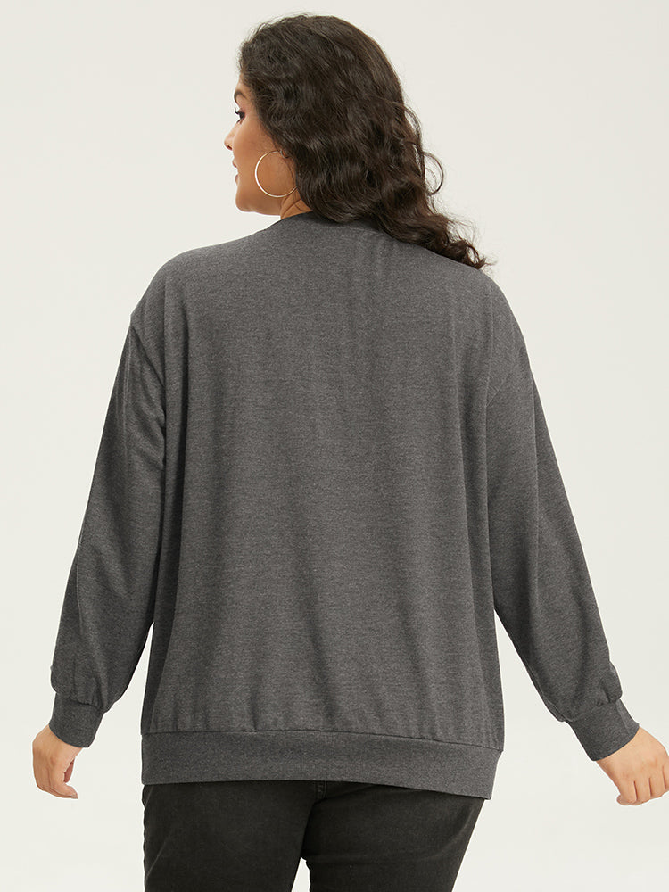 Solid Button Through Elastic Cuffs Sweatshirt