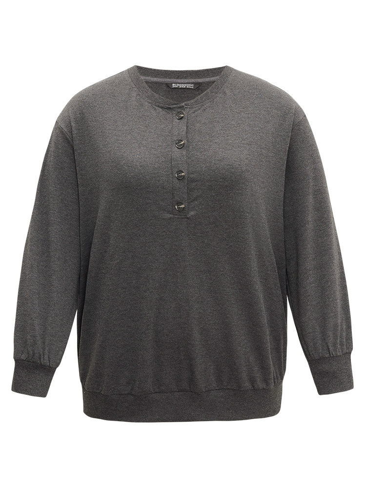 Solid Button Through Elastic Cuffs Sweatshirt