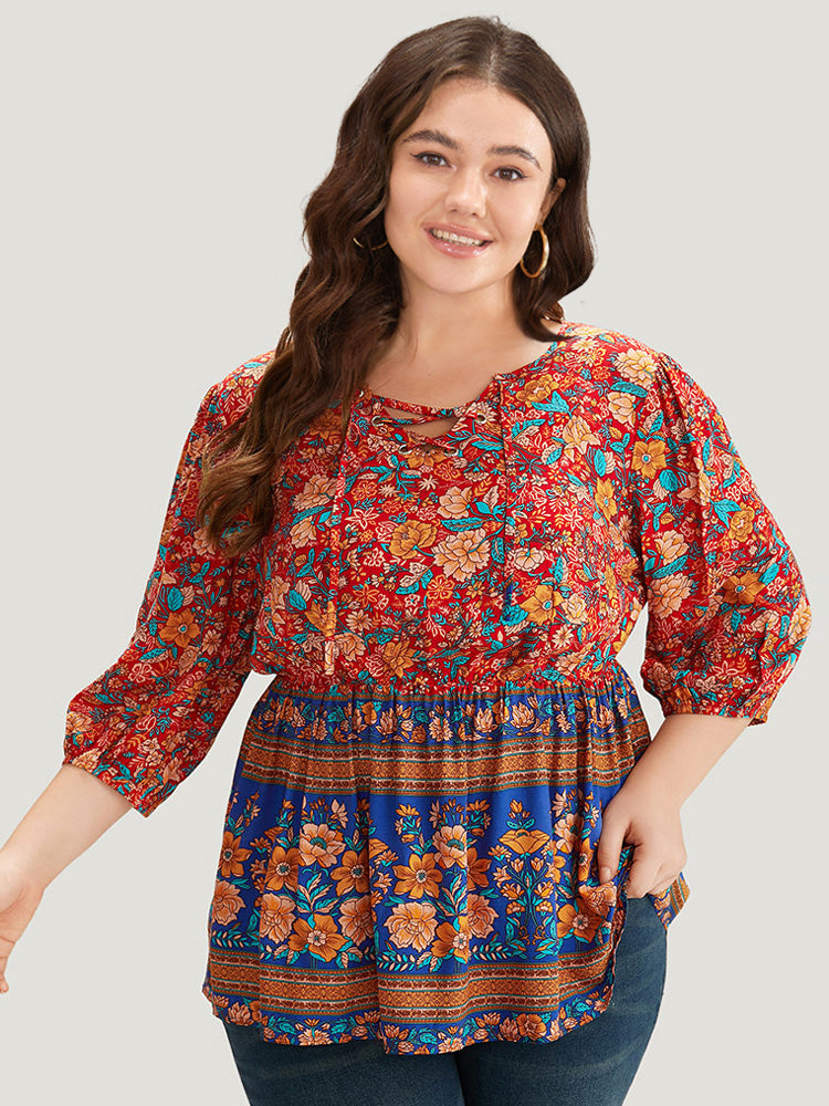 Plus Size Blouses  Boho Print Elastic Waist Lace Up Lantern