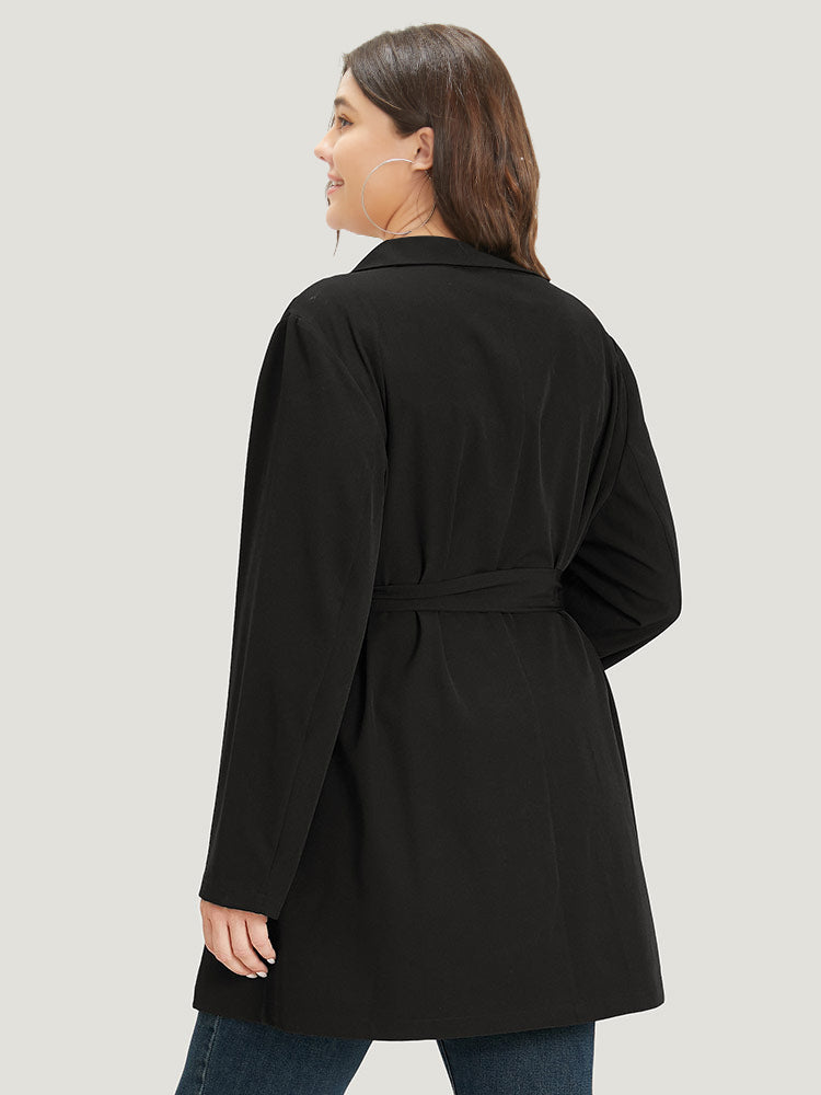 Solid Belted Button Detail Zipper Pocket Coat