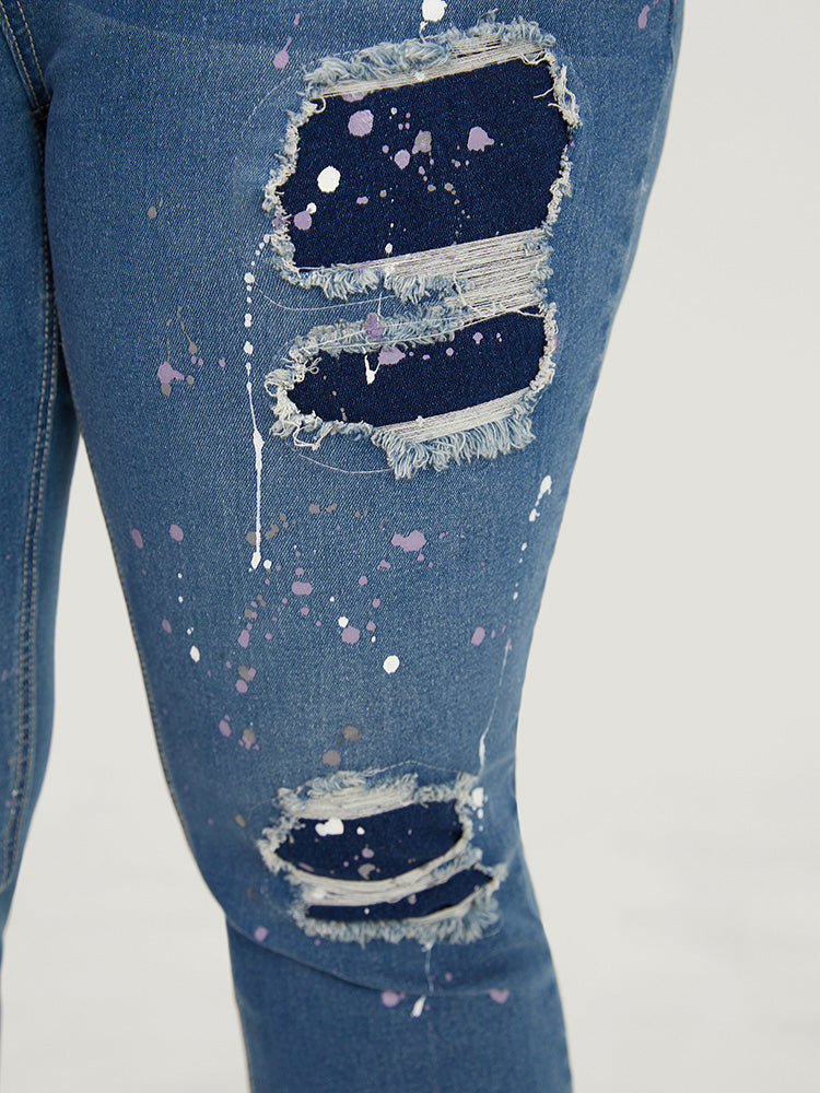 Very Stretchy High Rise Medium Wash Paint Patched Jeans