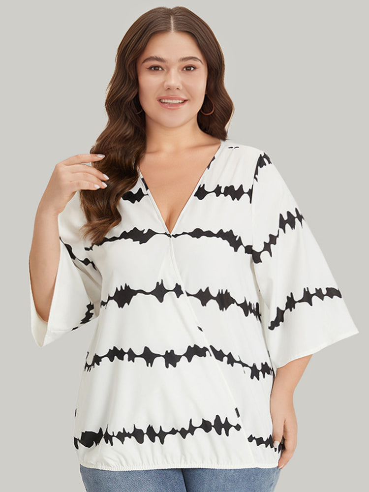 Striped Tie Dye V Neck Gathered Blouse