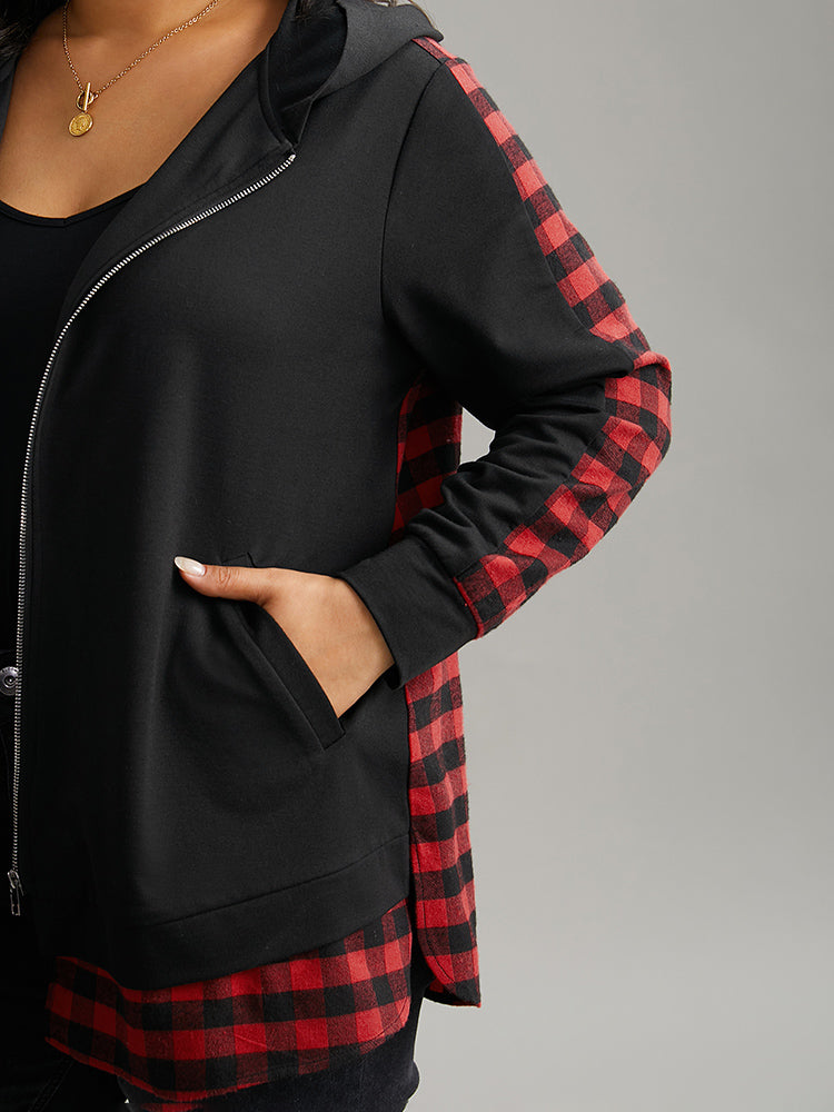 Plaid Patchwork Zipper Hooded Asymmetrical Hem Jacket