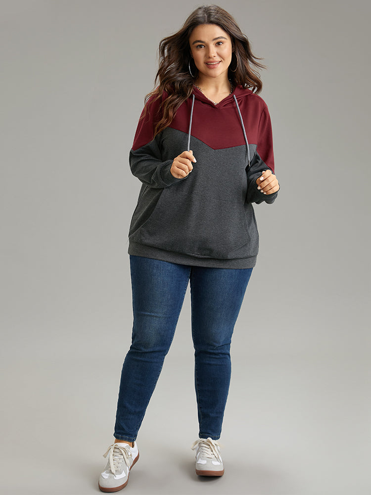 Contrast Patchwork Hooded Pocket Drawstring Sweatshirt
