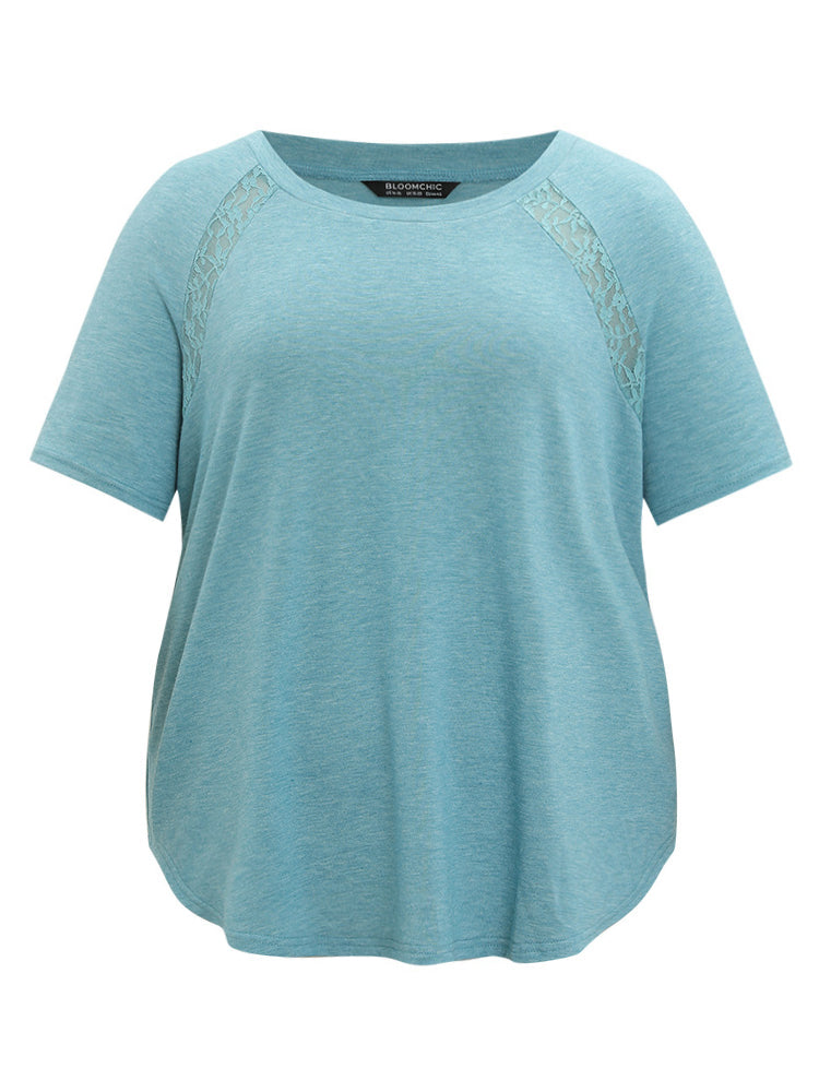 Sheer Lace Trim Curvy Hem Plain Pajama Top
