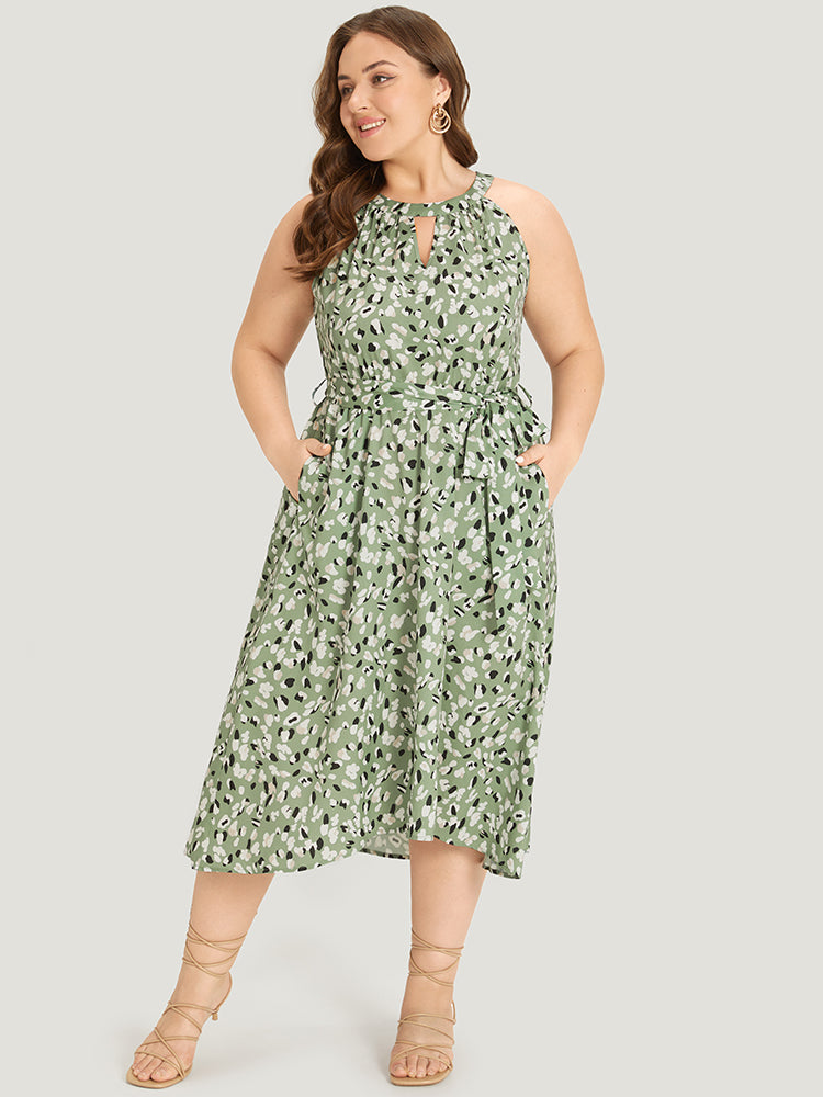Allover Print Halter Keyhole Pocket Belted Ties Dress