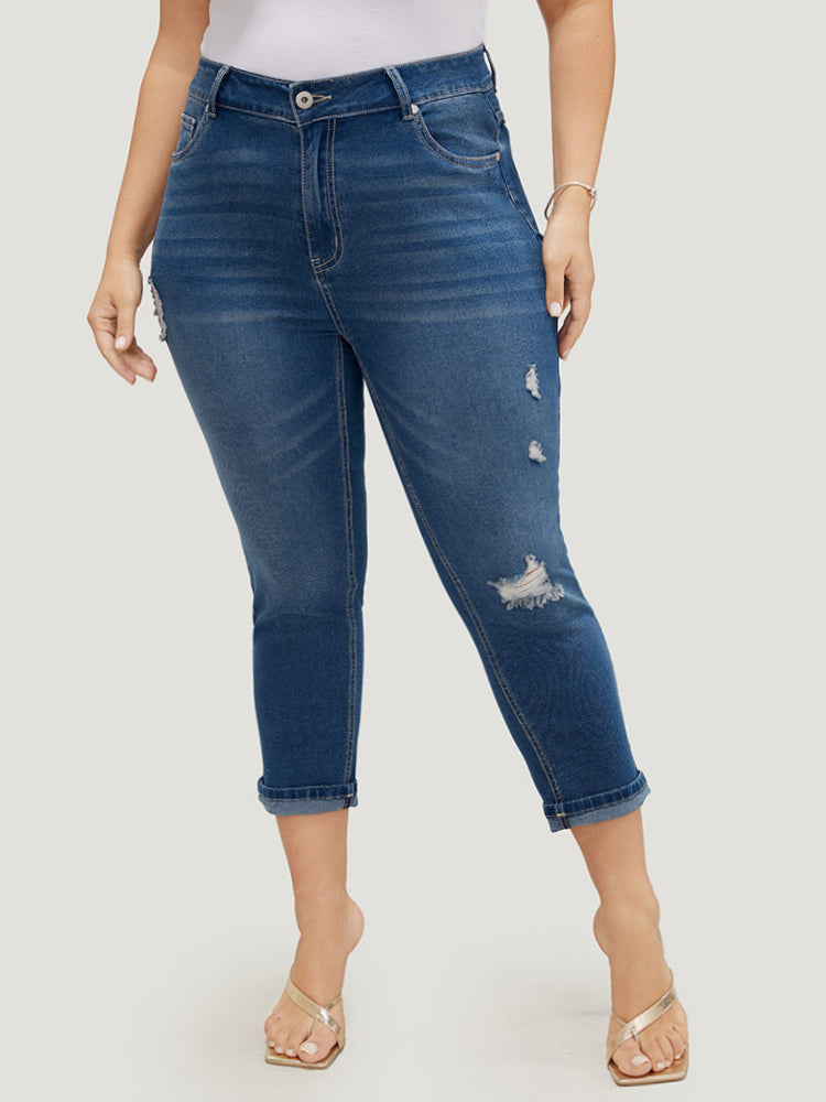 Very Stretchy High Rise Dark Wash Ripped Detail Cropped Jeans