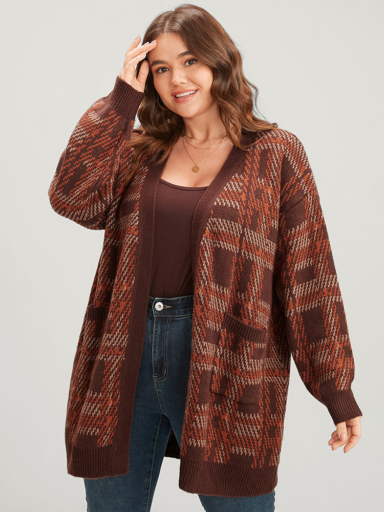 Tartan Contrast Pointelle Knit Pocket Open Front Cardigan