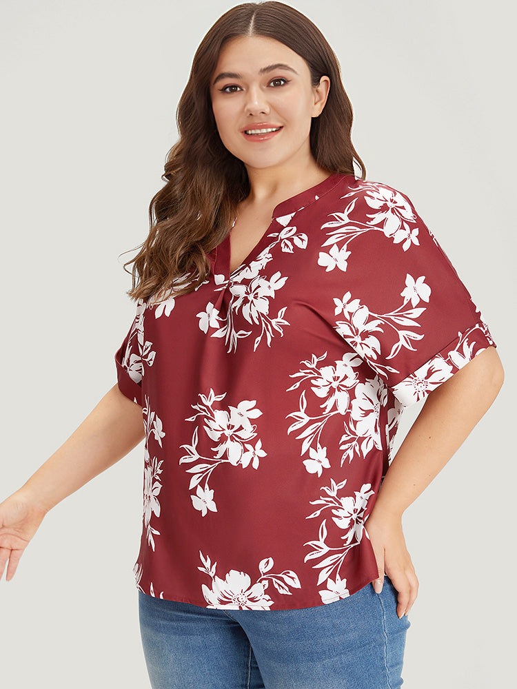 Silhouette Floral Print Notched Roll Sleeve Blouse