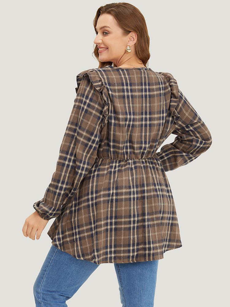 Plaid Ruffles Trim Lantern Sleeve Asymmetrical Hem Wrap Blouse