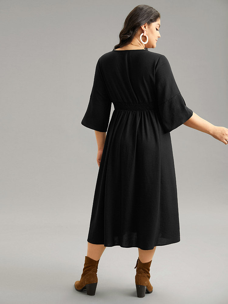 Plain Elastic Waist Embroidered Wrap Dress