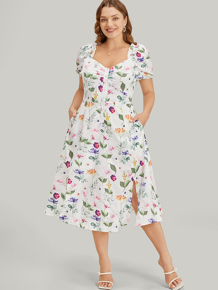 Blue Floral Print Striped Patchwork Detail Button Front Ruffle Hem Dress