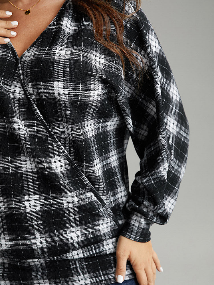 Plaid Overlap Collar Long Sleeve Sweatshirt
