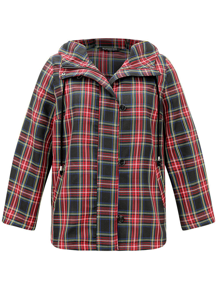 Plaid Slant Pocket Hooded Coat