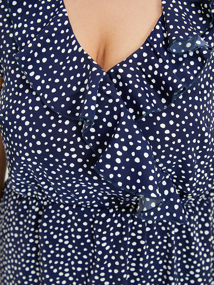 Polka Dot Ruffle Trim V Neck Sleeveless Dress