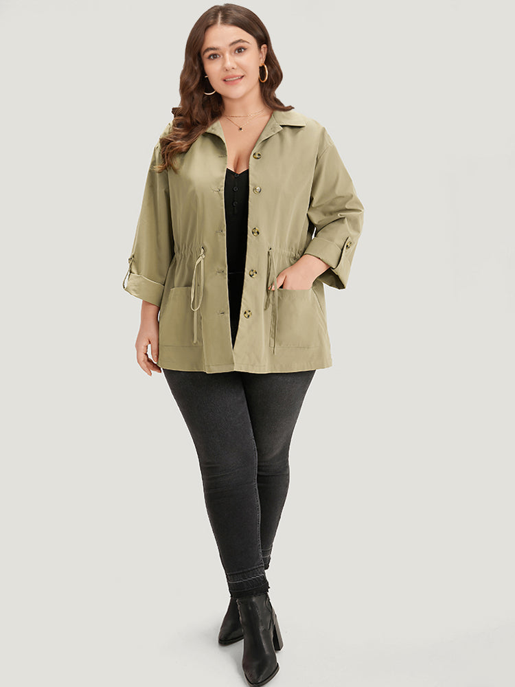 Plain Button Fly Pocket Drawstring Cuffed Sleeve Jacket