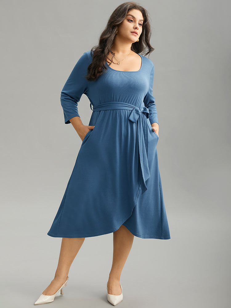 Plain Square Neck Arc Hem Belted Wrap Dress