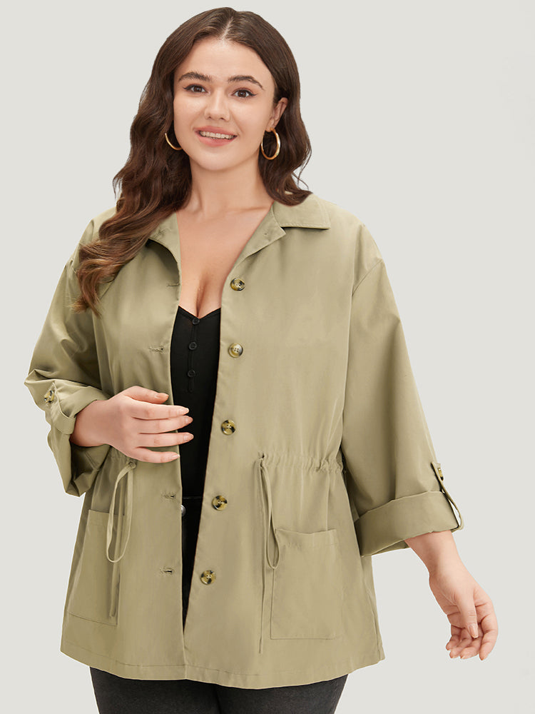 Plain Button Fly Pocket Drawstring Cuffed Sleeve Jacket