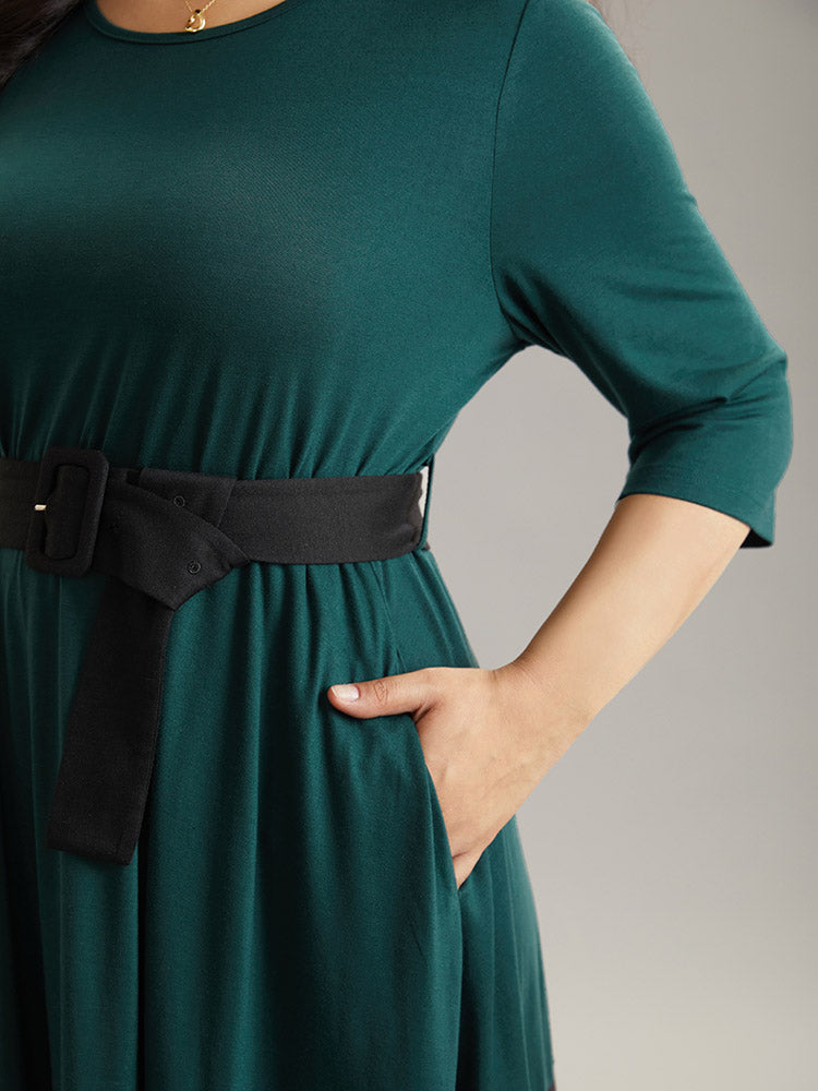 Contrast Belted Buckle Detail Elastic Waist Dress