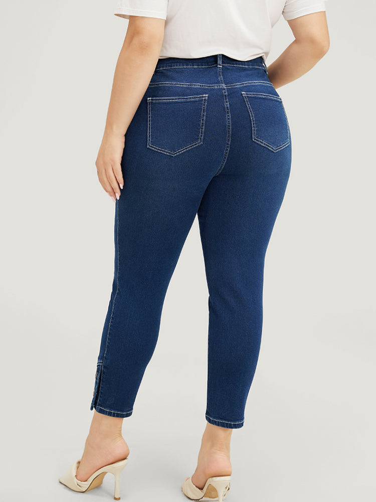 Very Stretchy High Rise Dark Wash Button Hem Jeans