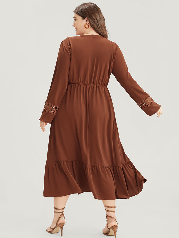 Solid V Neck Pocket Contrast Lace Ruffle Hem Dress