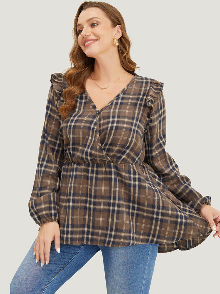 Plaid Ruffles Trim Lantern Sleeve Asymmetrical Hem Wrap Blouse