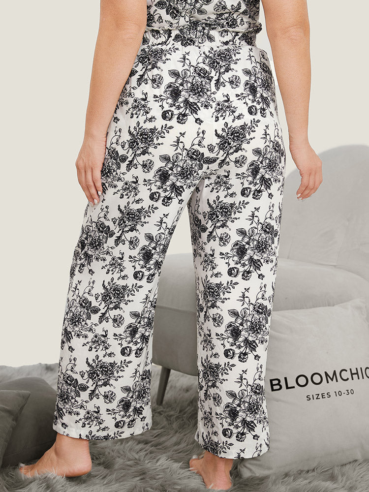 Floral Print Pocket Shirred Waist Pajama Bottoms