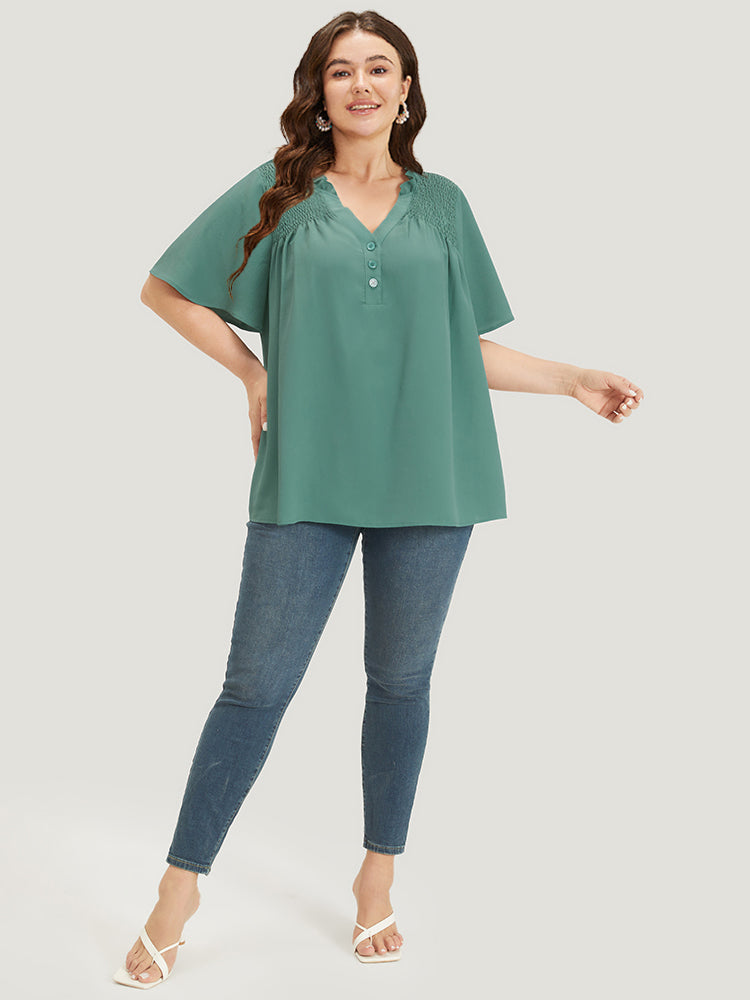 Plain Shirred Button Through Frill Trim Stand Collar Blouse