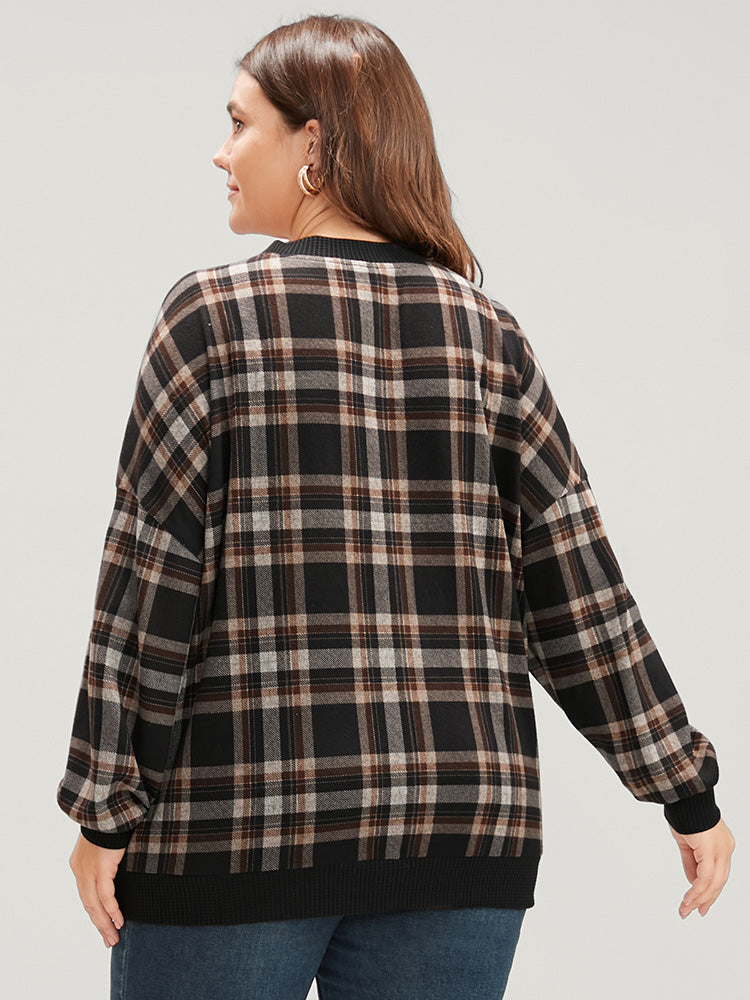 Contrast Trim Lantern Sleeve Tartan Wrap Sweatshirt