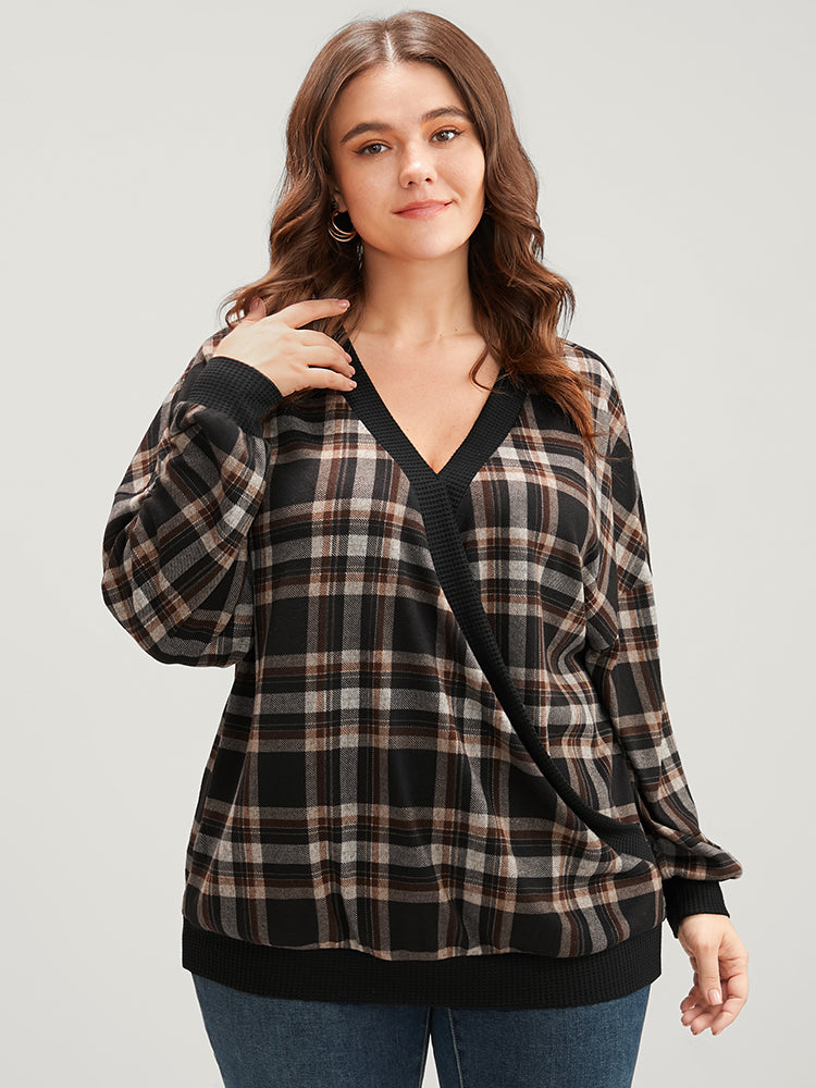Contrast Trim Lantern Sleeve Tartan Wrap Sweatshirt