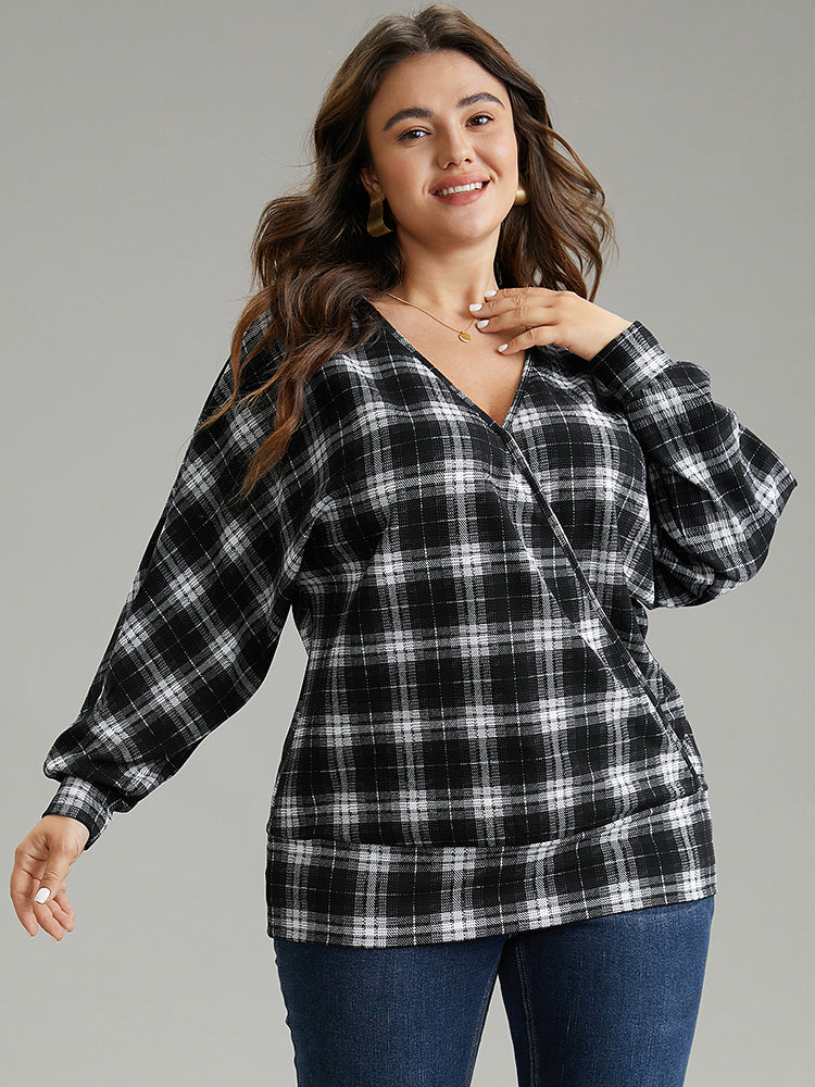 Plaid Overlap Collar Long Sleeve Sweatshirt