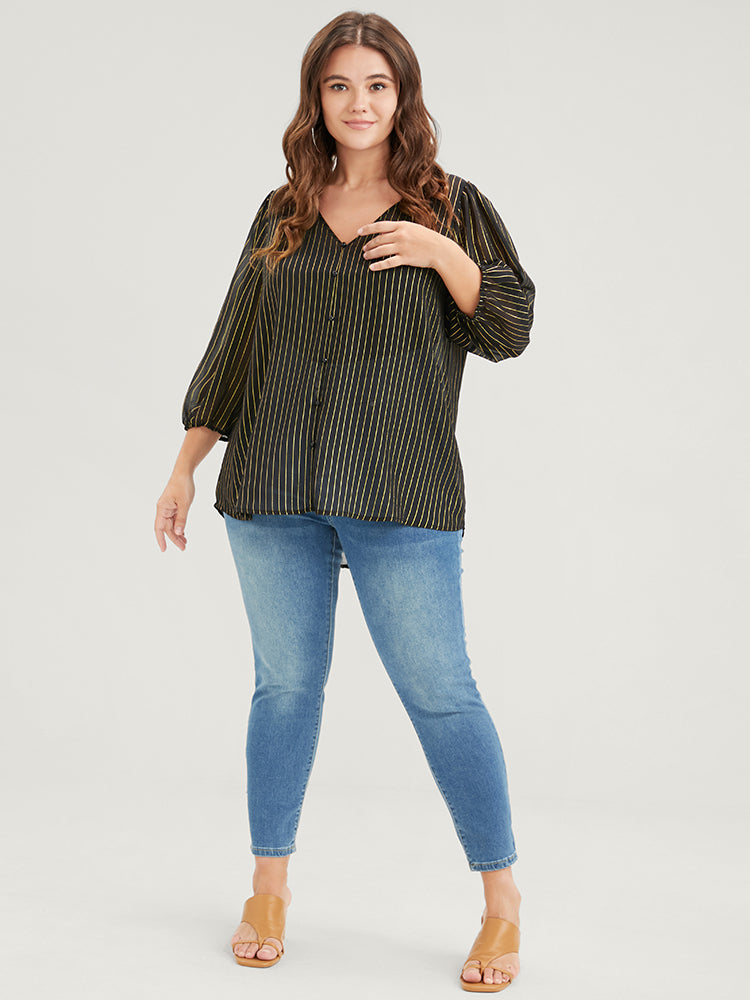 Striped Mesh Lantern Sleeve V Neck Blouse