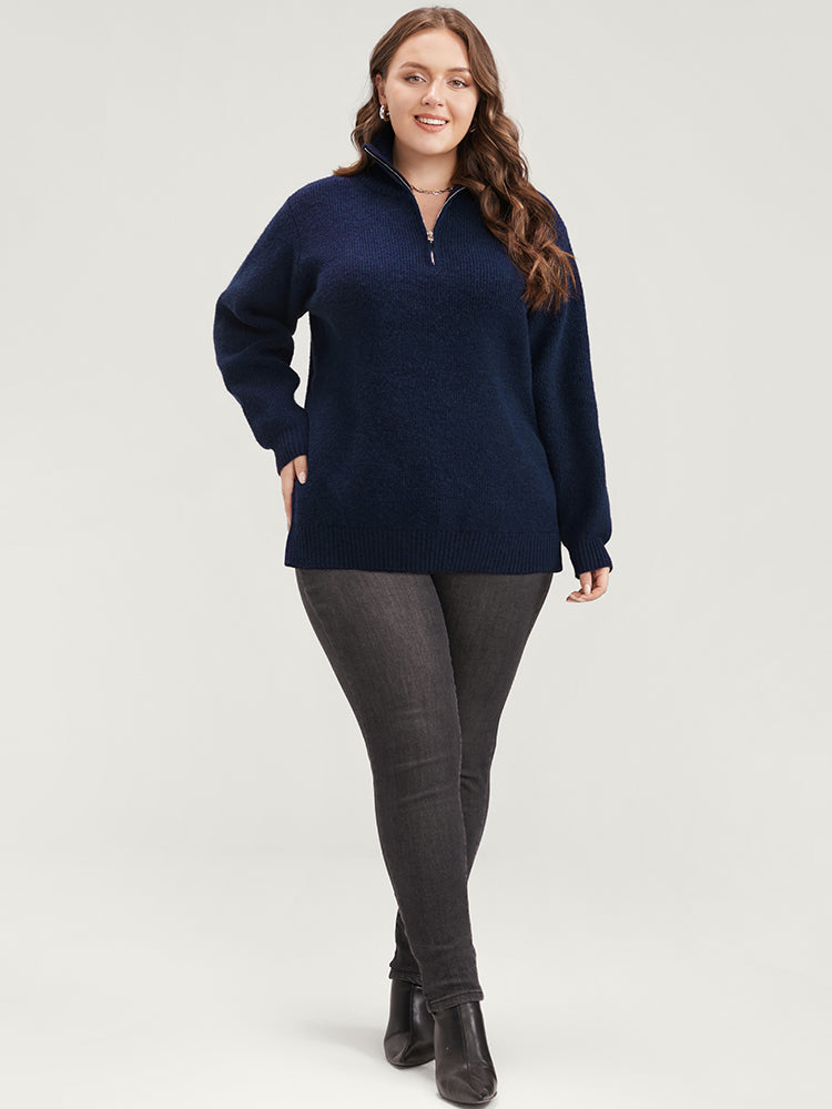 Solid Super Soft Plush Knit Zip Neck Knit Top