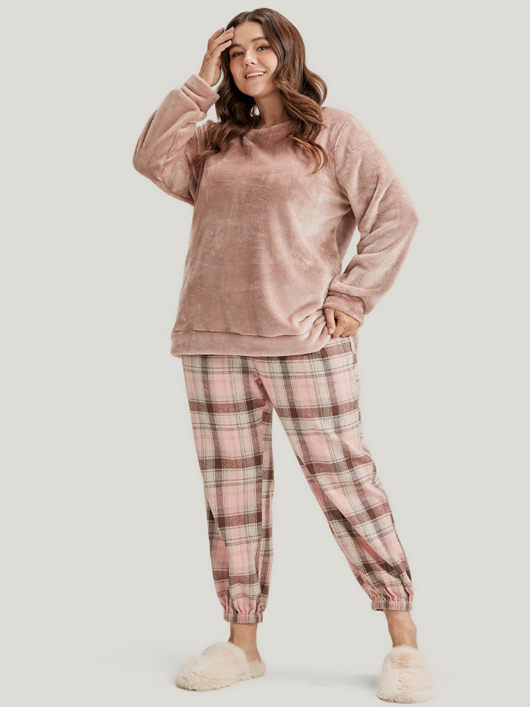 Solid Flannel Round Neck Plaid Pajama Set – BloomChic