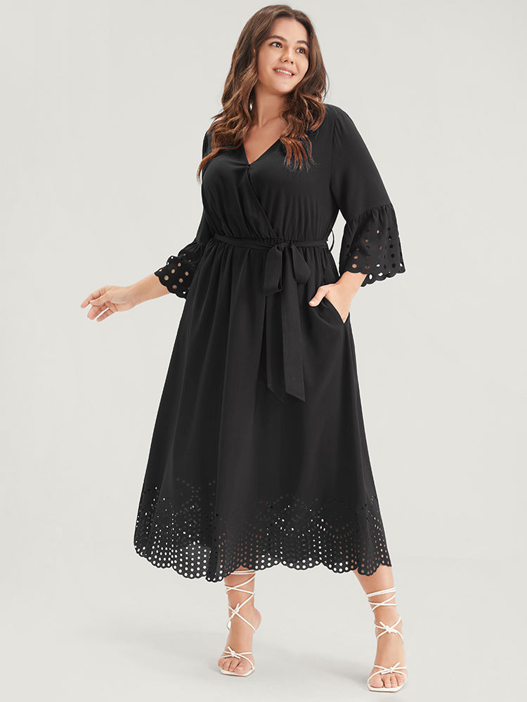 Plain Scalloped Ruffles Pocket Laser Cut Belted Wrap Dress – BloomChic