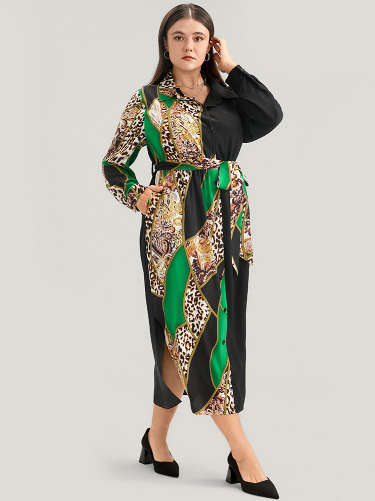 Chain Print Shirt Collar Pocket Split Belted Button Up Dress