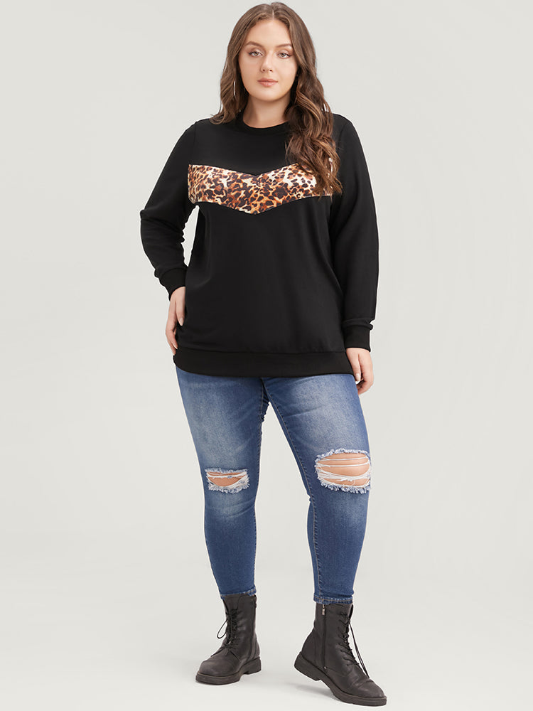 Leopard Patchwork Round Neck Drop Shoulder Sweatshirt