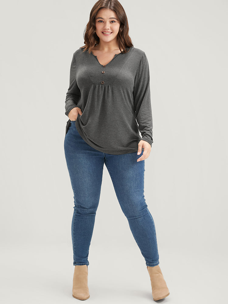 Solid V Neck Button Detail Long Tee