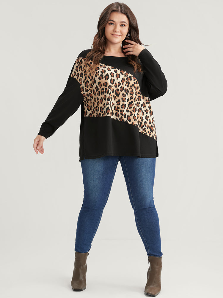Leopard Drop Shoulder Split Long Tee