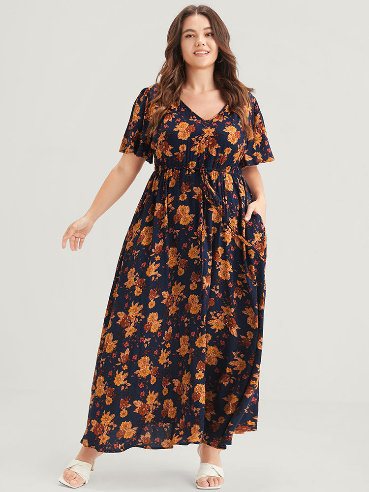 Bloom Dress -Floral Print V Neck Pocket Ties Ruffles Maxi Dress – BloomChic
