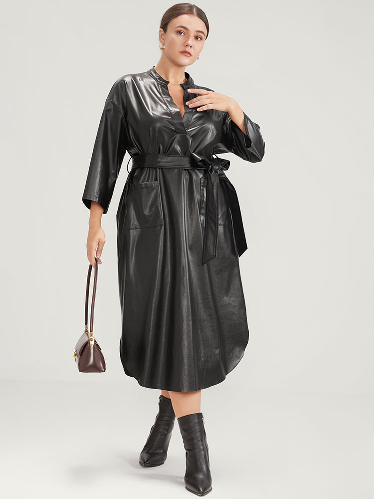 PU Leather Pocket Belted Arc Hem Dress
