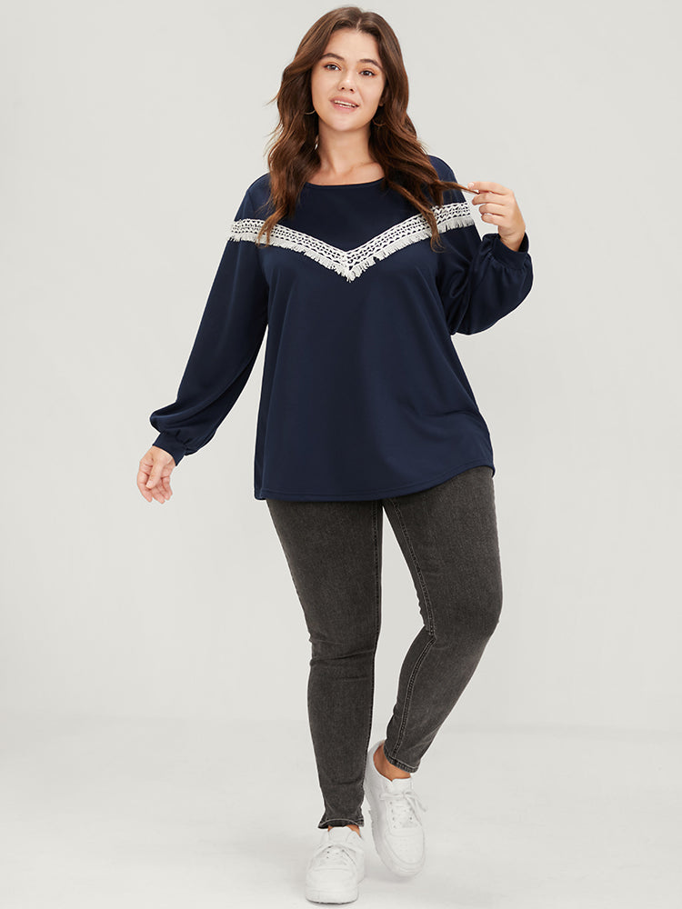 Plain Round Neck Contrast Lace Drop Shoulder Sweatshirt