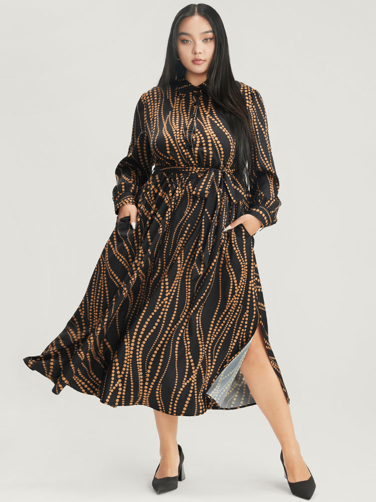Polka Dot Pocket Button Detail Belted Shirt Collar Dress