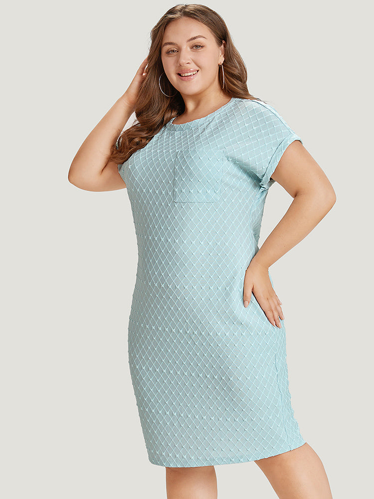 Solid Patched Pocket Cuffed Sleeve Plisse Dress