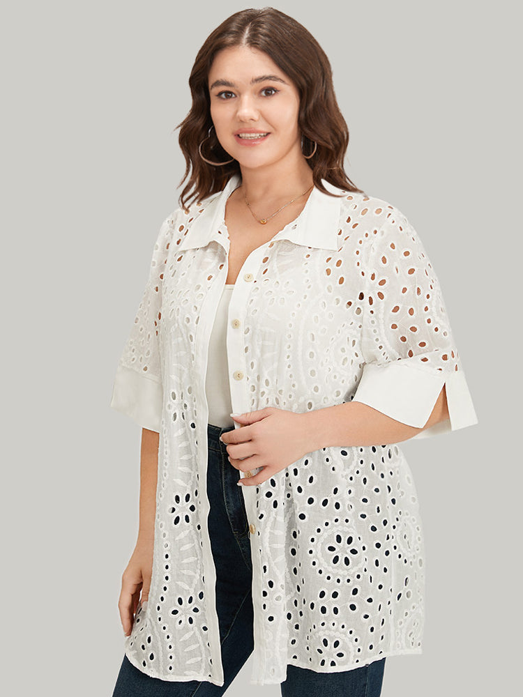 Plain Shirt Collar Broderie Anglaise Open Front Kimono – BloomChic