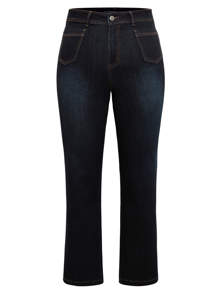 Plus Size Jeans | Straight Leg Dark Wash Patched Pocket Jeans | BloomChic