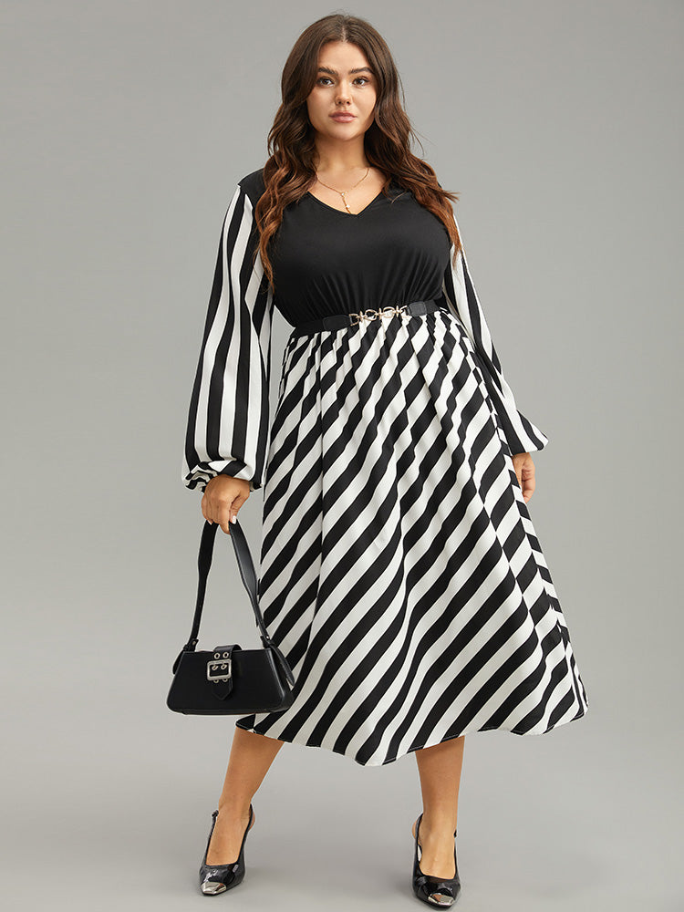 BloomChic Women's Plus Size Black Striped Patchwork Office Dress with Elastic Waist and Lantern Sleeves, 14-16/1X BloomChic Women's Plus Size Black Striped Patchwork Office Dress with Elastic Waist and Lantern Sleeves, 14-16/1X