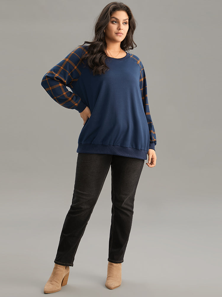 Plaid Two Tone Patchwork Rib Knit Sweatshirt