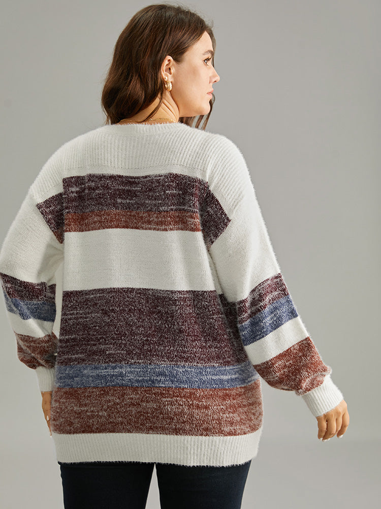 Colorblock Fuzzy Drop Shoulder Pullover