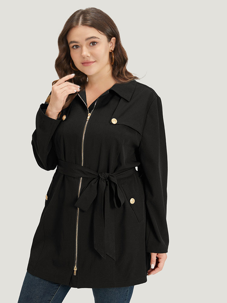 Solid Belted Button Detail Zipper Pocket Coat